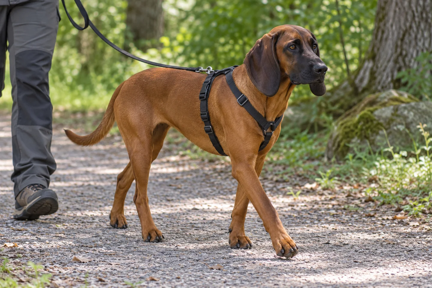 Red-fawn Bavarian Mountain Scent Hound with dark muzzle, dropped ears, and long natural tail walking in a harness beside an adult on a shaded path