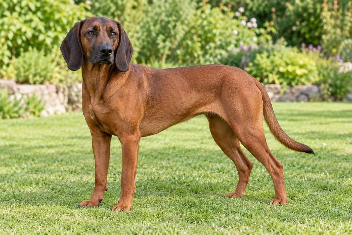 Red-fawn Bavarian Mountain Scent Hound with dark muzzle, dropped ears, and long natural tail standing on grass