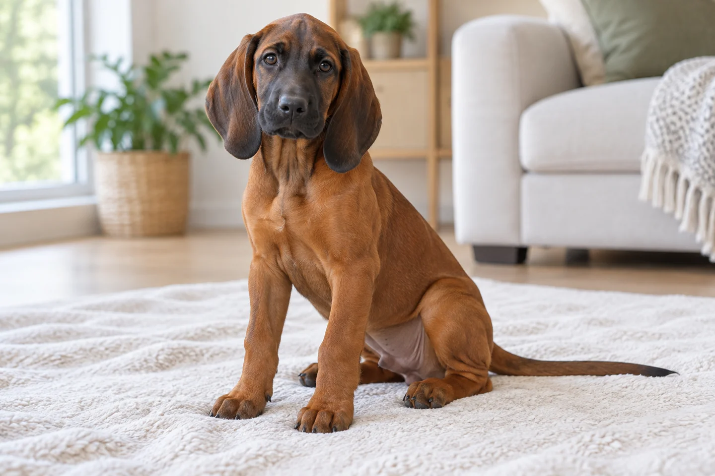 Bavarian Mountain Scent Hound puppy sitting on a pale blanket in a bright living room