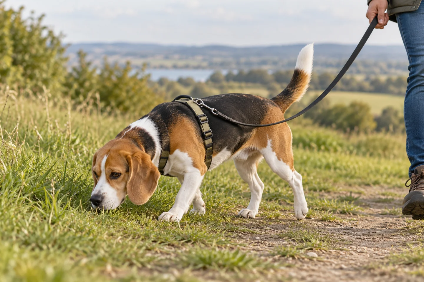 Beagle sniffing grass beside a path while wearing a harness and leash