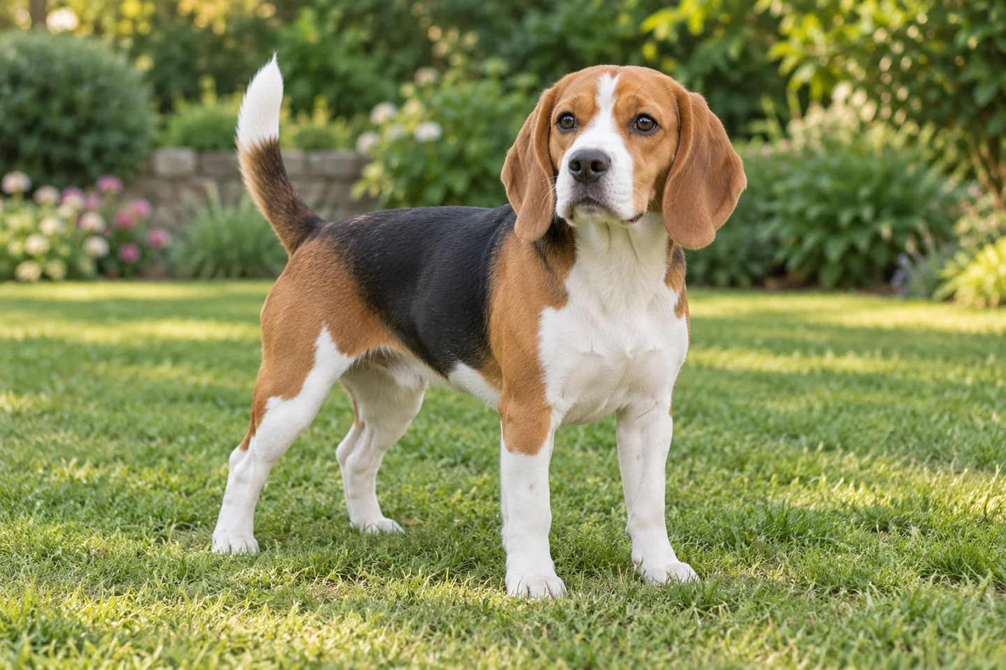 Adult tricolor Beagle with floppy ears and a white-tipped tail standing on a lawn