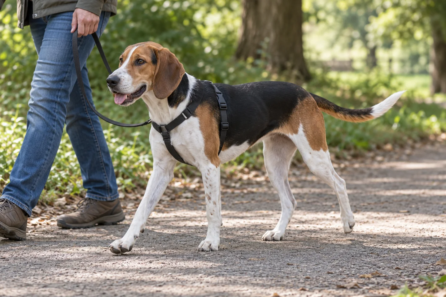 Long-legged tricolor Beagle-Harrier with dropped ears and long natural tail walking in a harness beside an adult on a shaded path