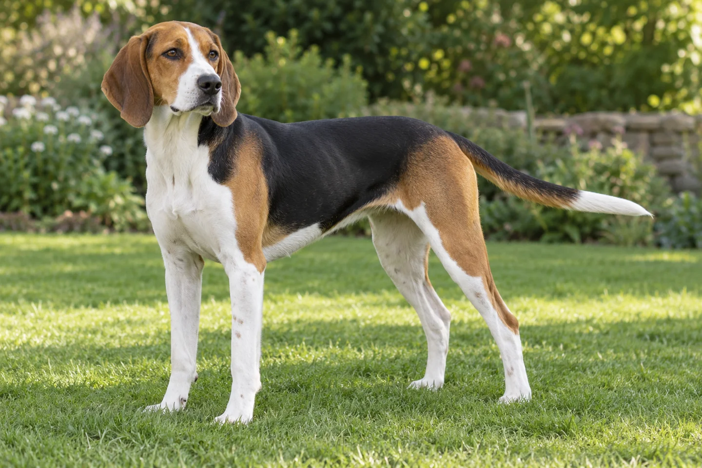 Long-legged tricolor Beagle-Harrier with dropped ears and long natural tail standing on grass