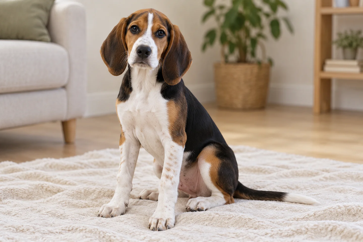 Beagle-Harrier puppy sitting on a pale blanket in a bright living room