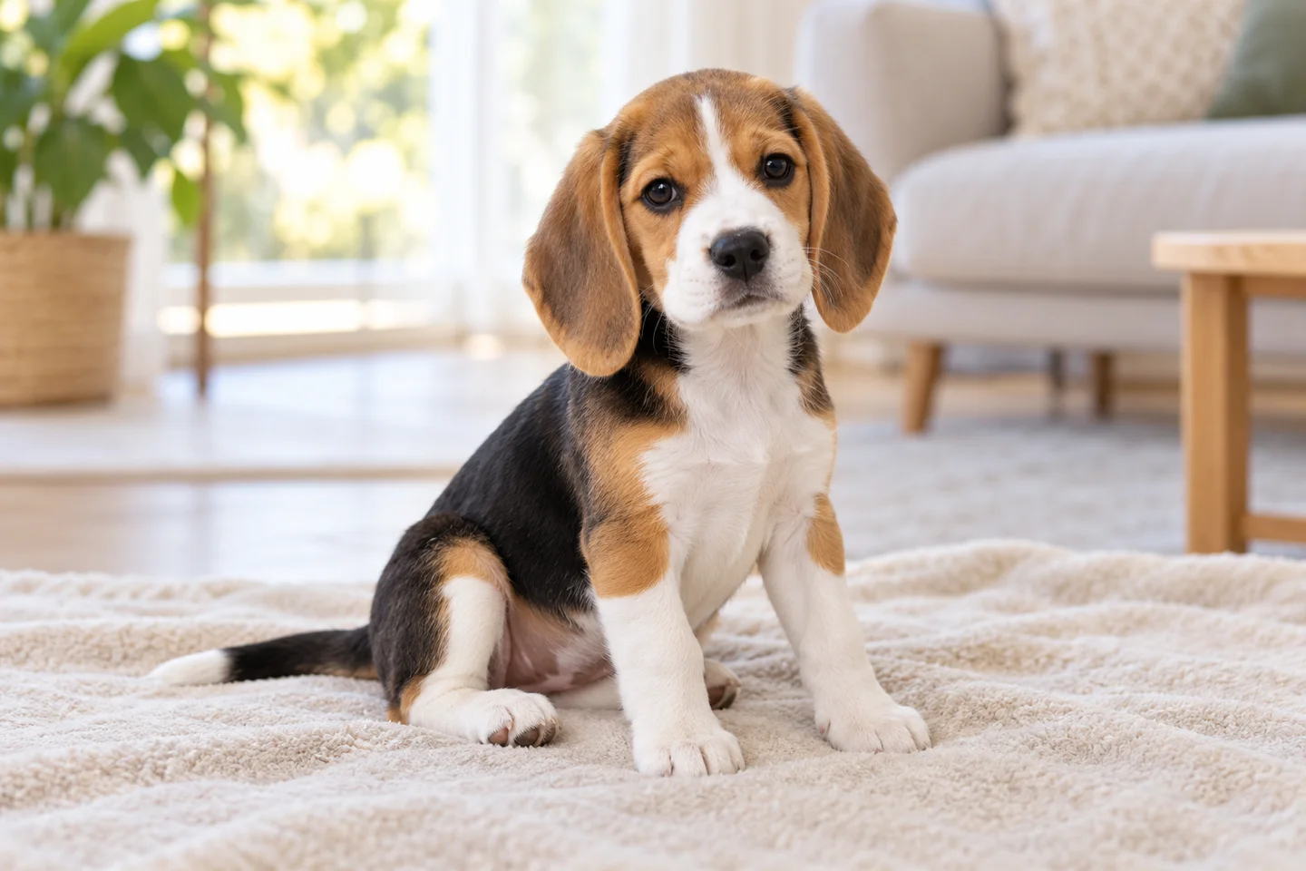 Tricolor Beagle puppy sitting on a soft blanket indoors