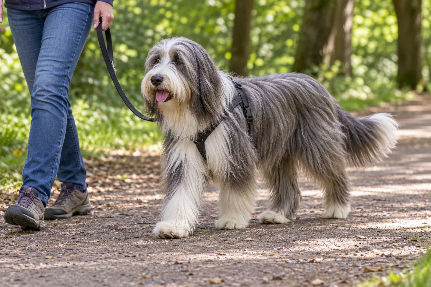 Slate-gray and white Bearded Collie with long shaggy coat, beard, dropped ears, and natural tail walking in a harness beside an adult on a shaded path