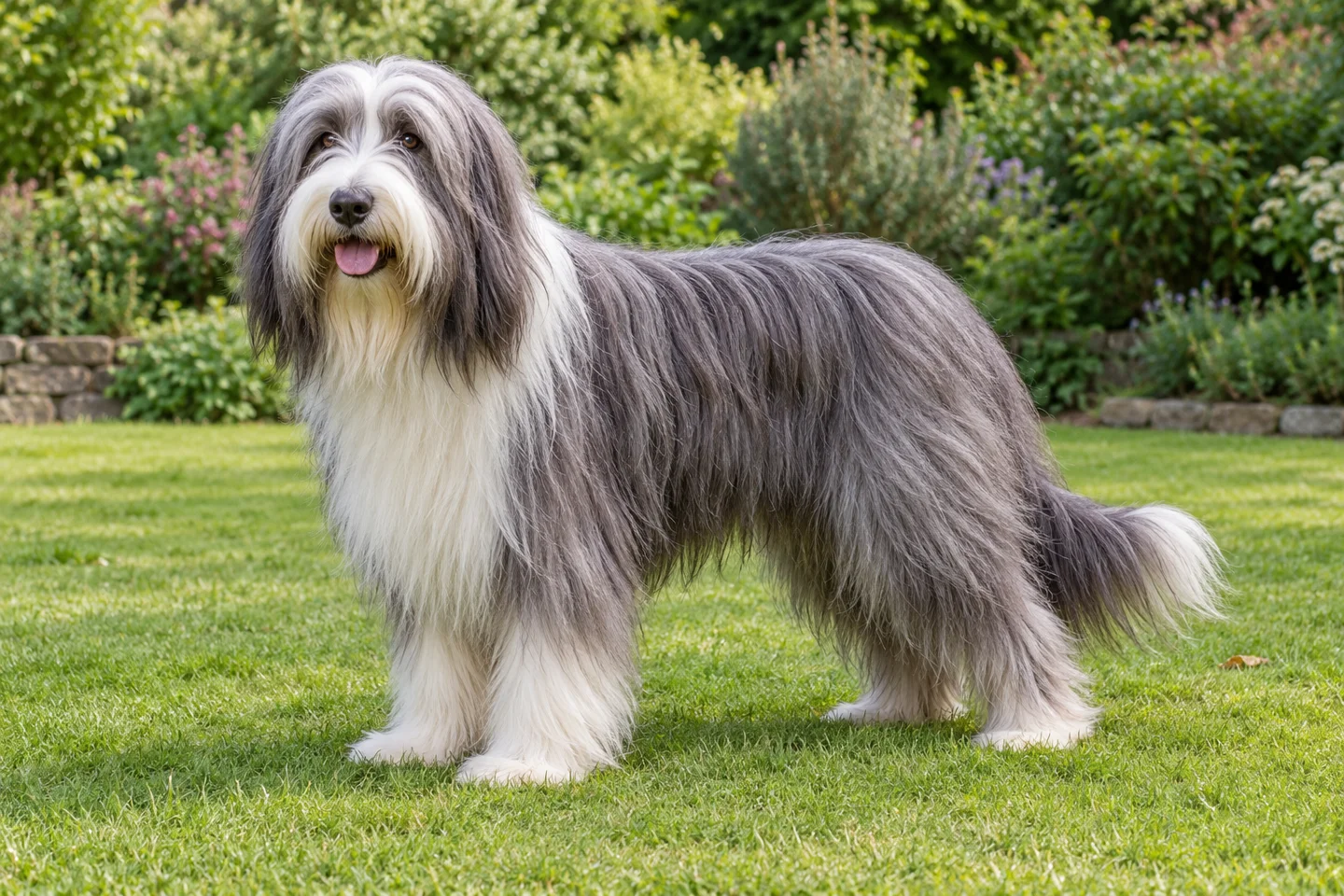 Slate-gray and white Bearded Collie with long shaggy coat, beard, dropped ears, and natural tail standing on grass