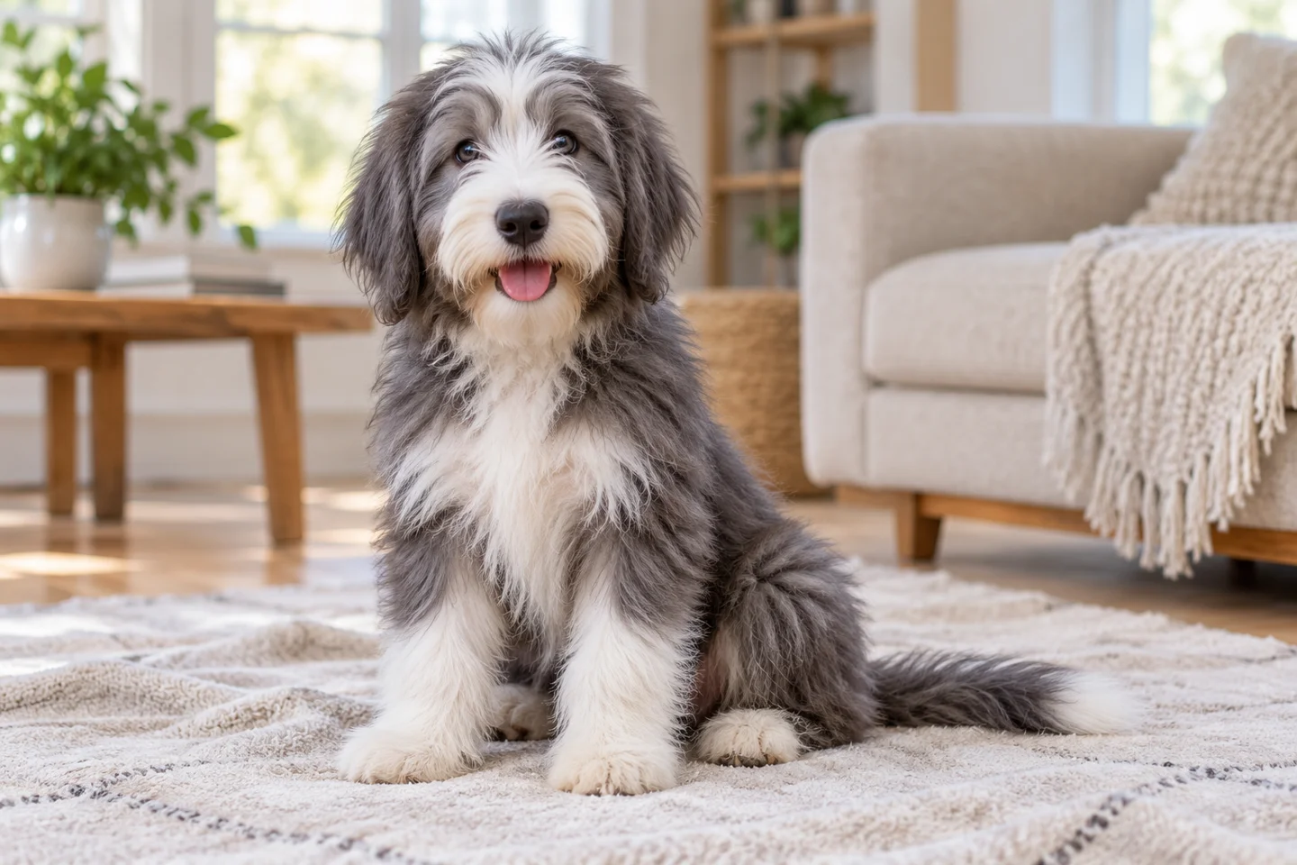 Bearded Collie puppy sitting on a pale blanket in a bright living room