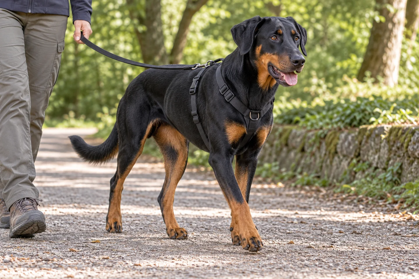 Black-and-tan Beauceron with athletic build, natural dropped ears, and long natural tail walking in a harness beside an adult on a shaded path