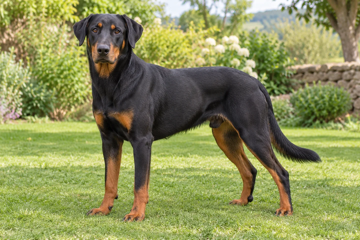 Black-and-tan Beauceron with athletic build, natural dropped ears, and long natural tail standing on grass