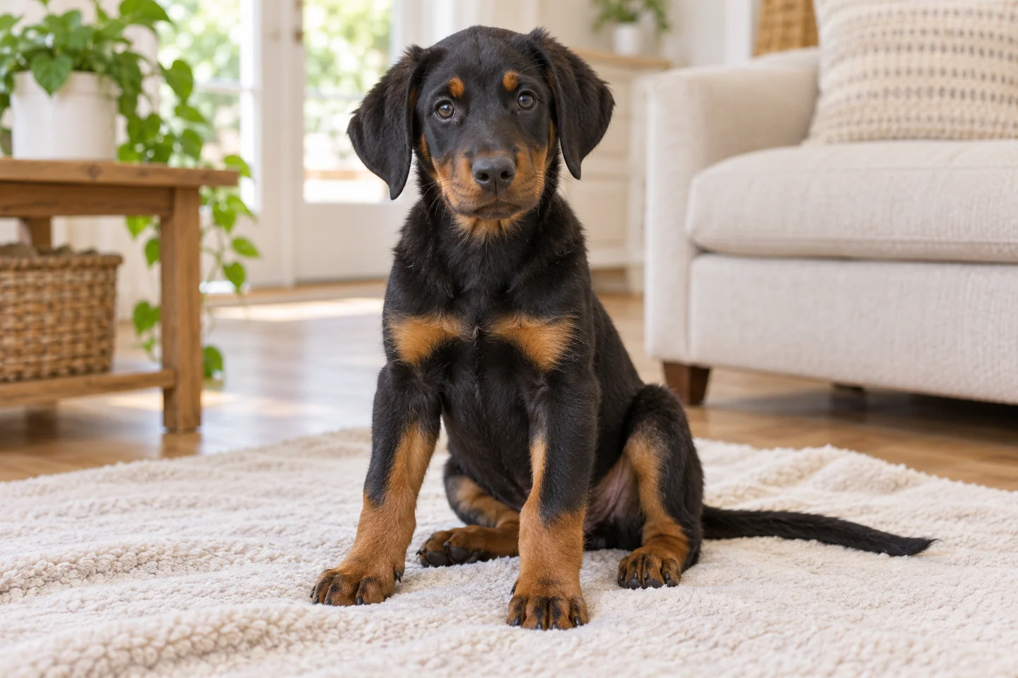 Beauceron puppy sitting on a pale blanket in a bright living room