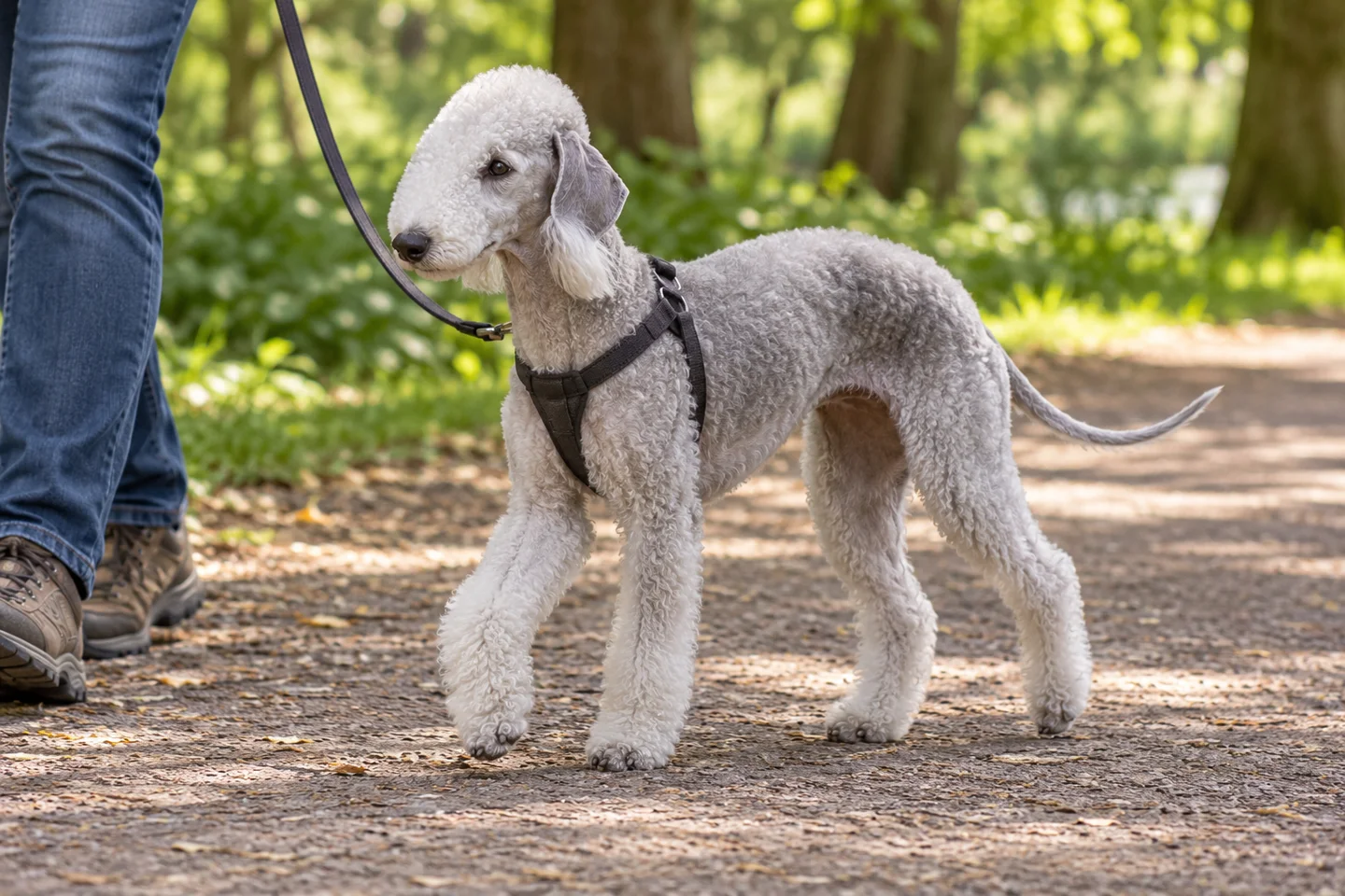 Blue-gray Bedlington Terrier with pear-shaped head, dropped ears, arched loin, and long tapering tail walking in a harness beside an adult on a shaded path