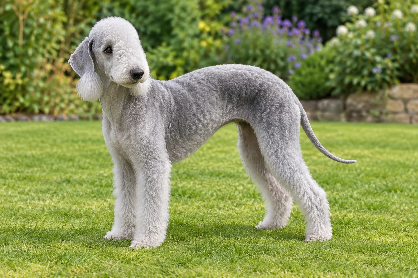Blue-gray Bedlington Terrier with pear-shaped head, dropped ears, arched loin, and long tapering tail standing on grass