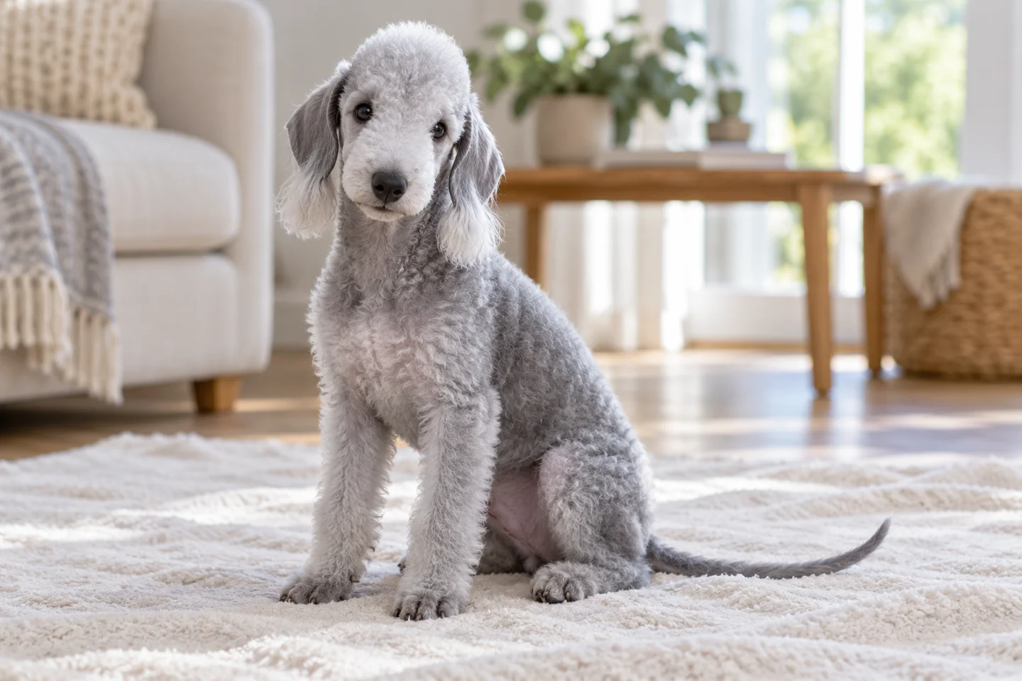Bedlington Terrier puppy sitting on a pale blanket in a bright living room
