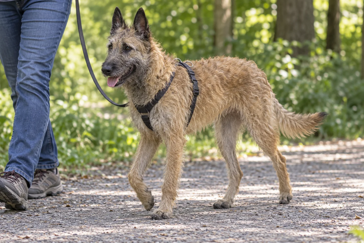 Rough-coated fawn Belgian Laekenois with erect ears, dark muzzle shading, and long natural tail walking in a harness beside an adult on a shaded path
