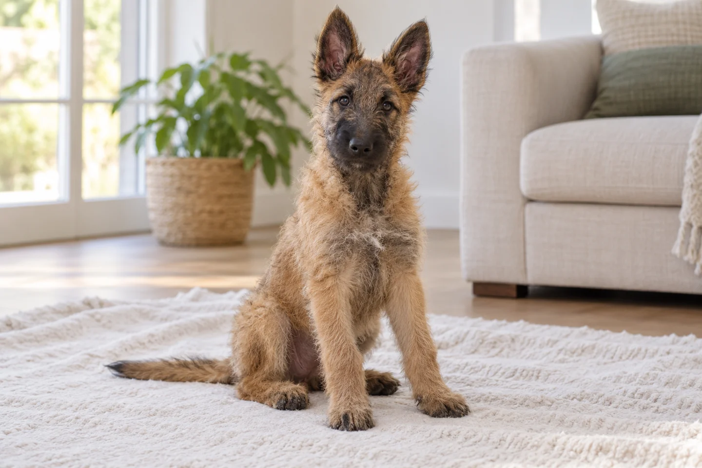 Belgian Laekenois puppy sitting on a pale blanket in a bright living room