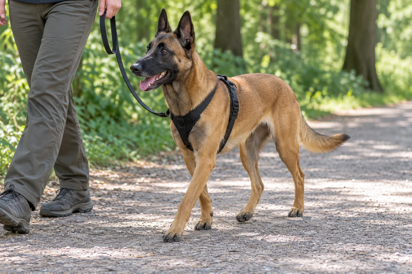 Short-coated fawn Belgian Malinois with black mask, erect ears, and long natural tail walking in a harness beside an adult on a shaded path