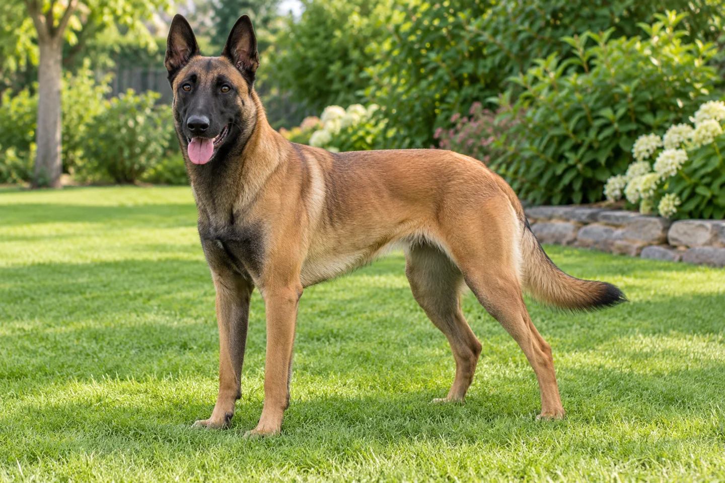 Short-coated fawn Belgian Malinois with black mask, erect ears, and long natural tail standing on grass