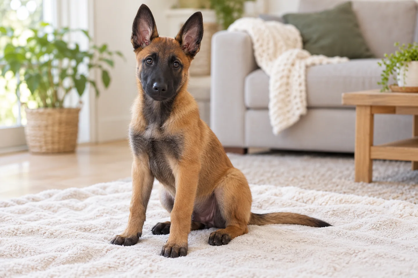 Belgian Malinois puppy sitting on a pale blanket in a bright living room
