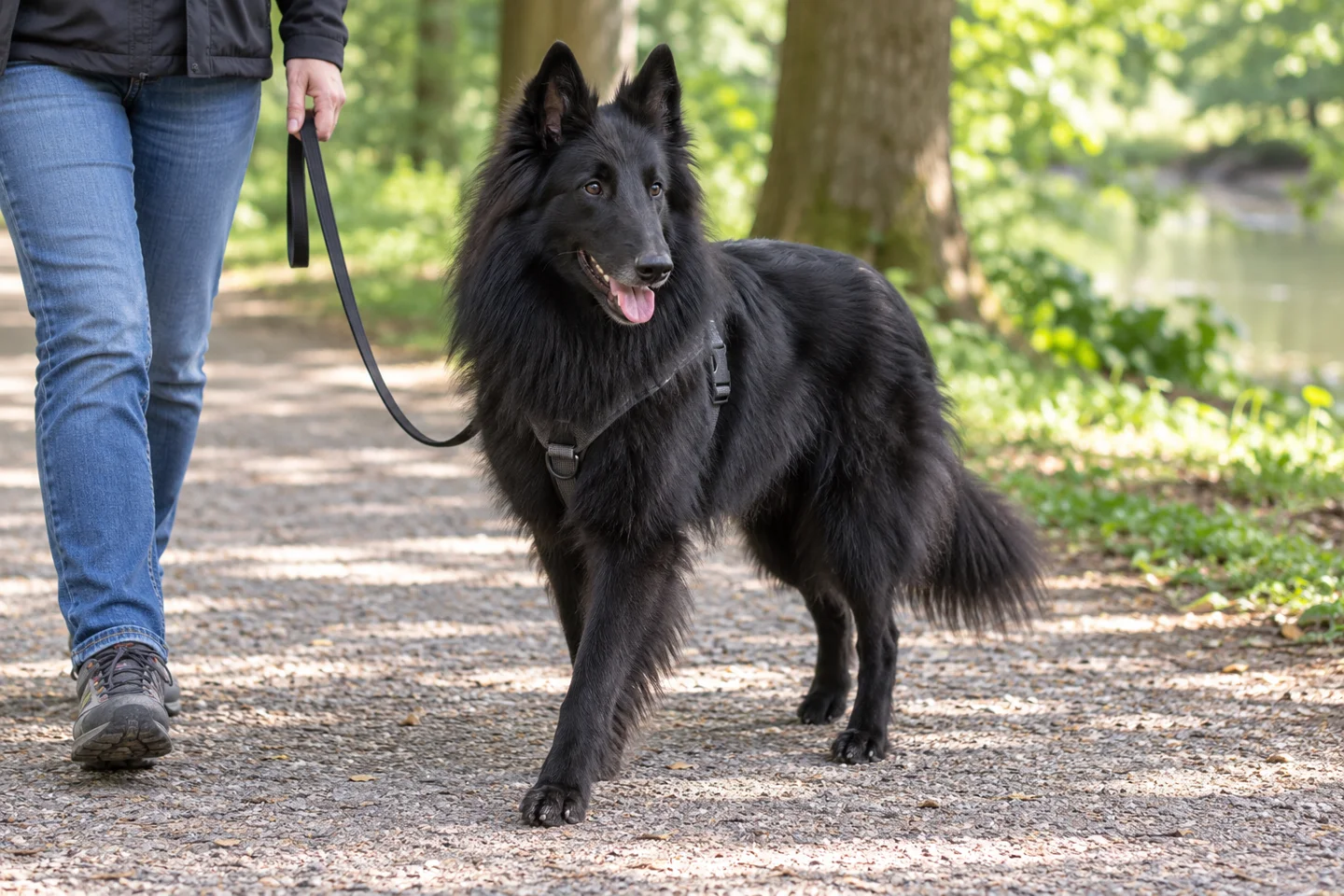 Long-black-coated Belgian Sheepdog with erect ears, athletic outline, and natural feathered tail walking in a harness beside an adult on a shaded path