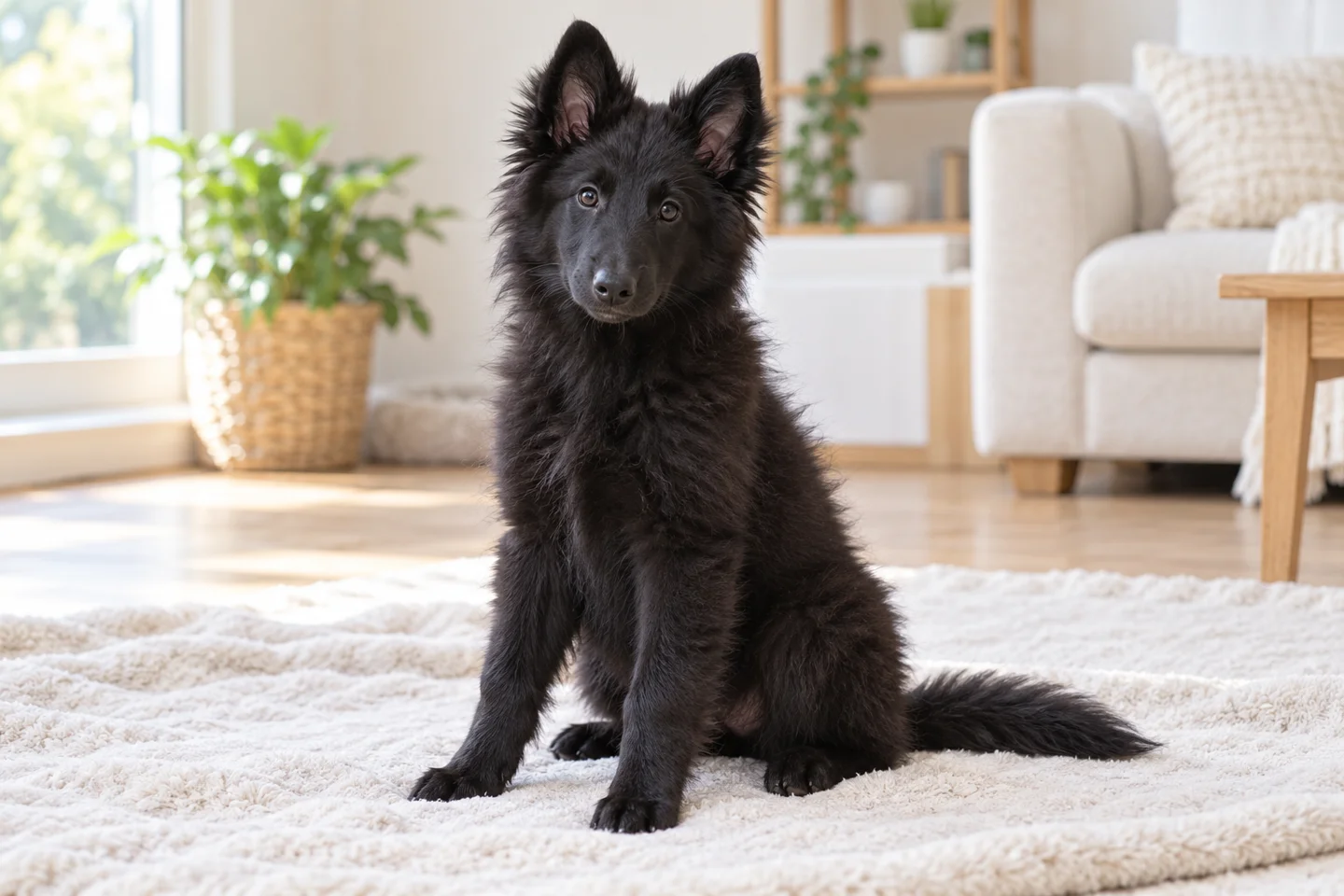 Belgian Sheepdog puppy sitting on a pale blanket in a bright living room