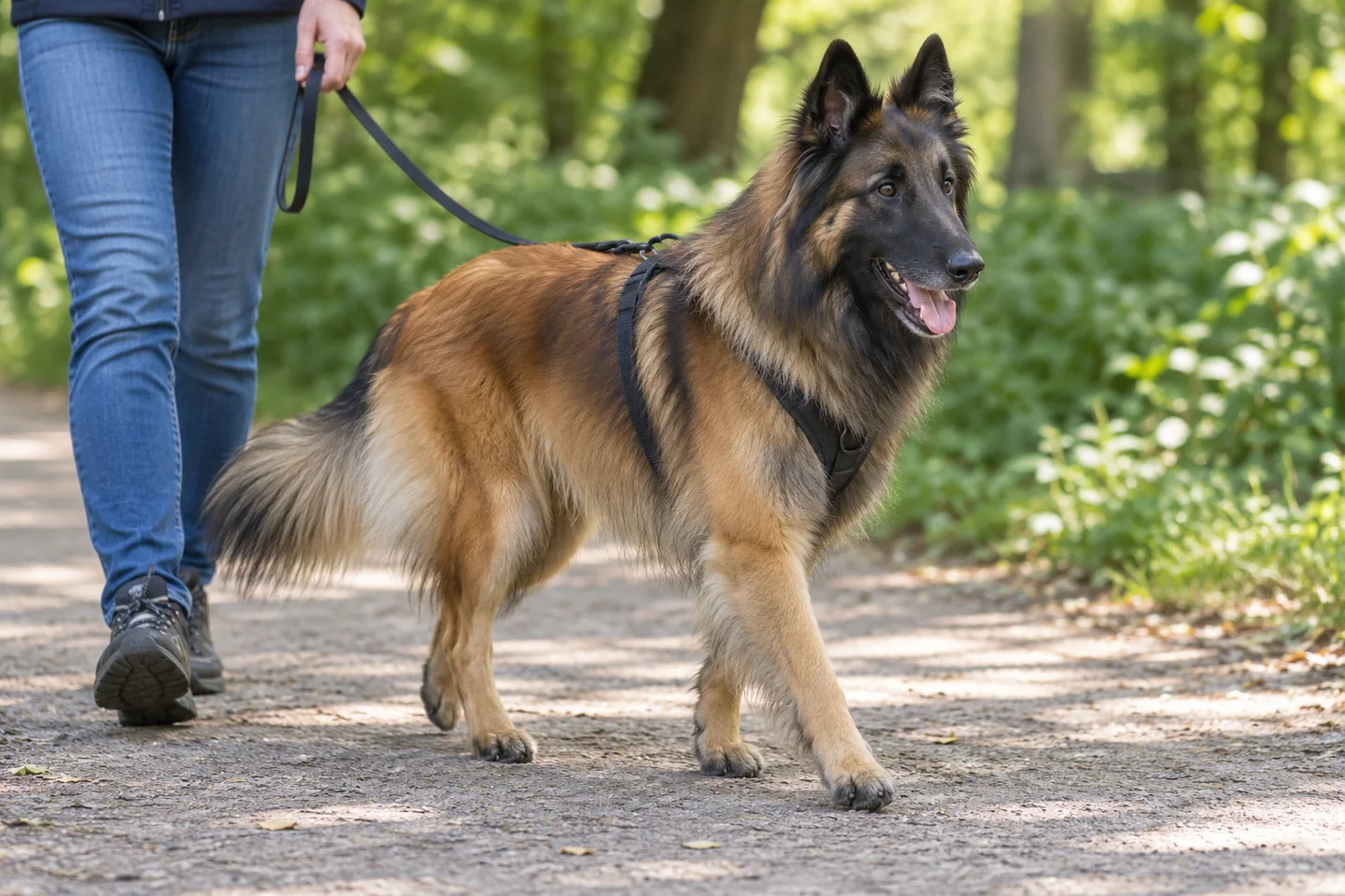 Long-coated mahogany-fawn Belgian Tervuren with dark overlay, black mask, erect ears, and feathered tail walking in a harness beside an adult on a shaded path