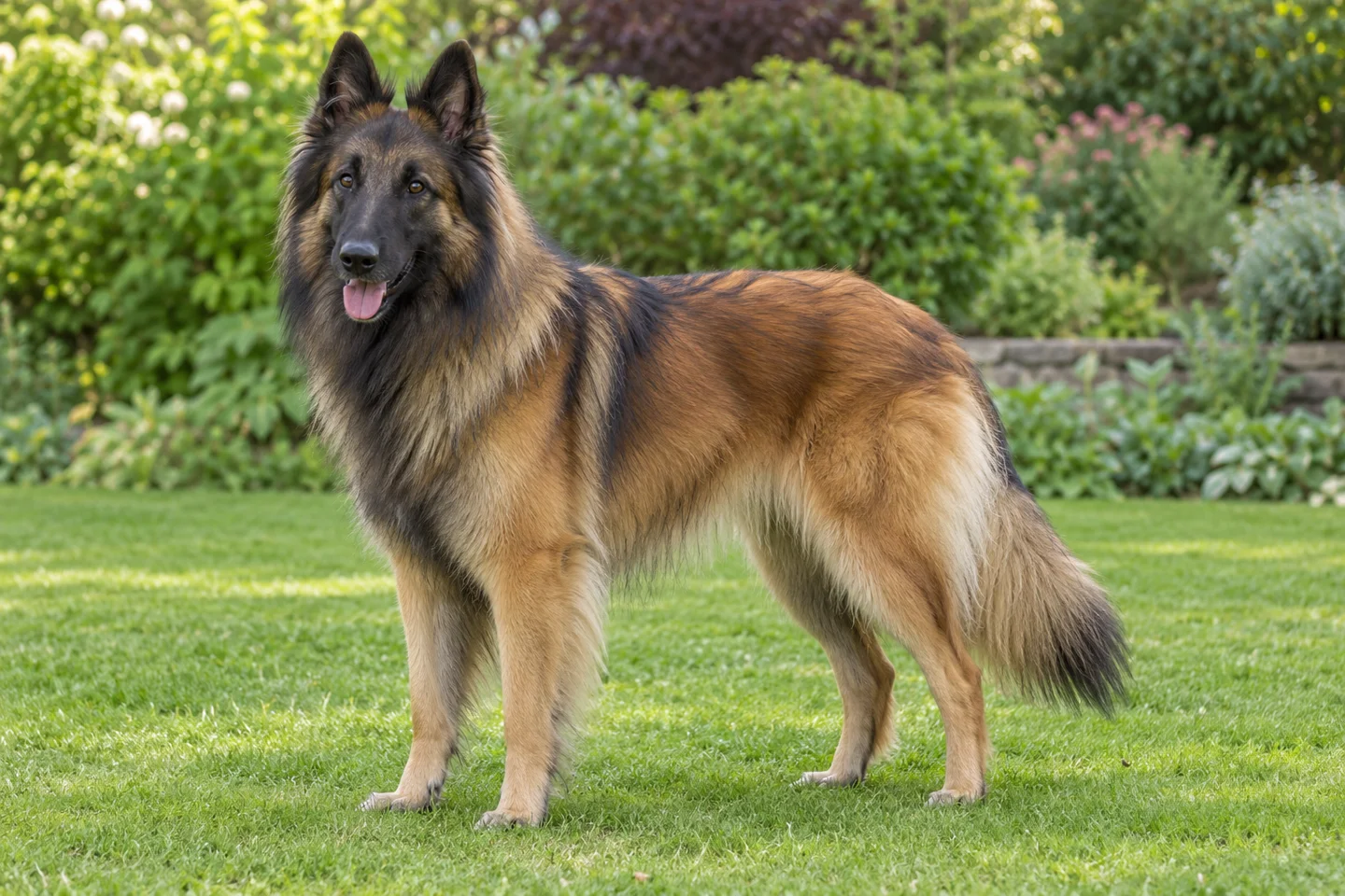 Long-coated mahogany-fawn Belgian Tervuren with dark overlay, black mask, erect ears, and feathered tail standing on grass