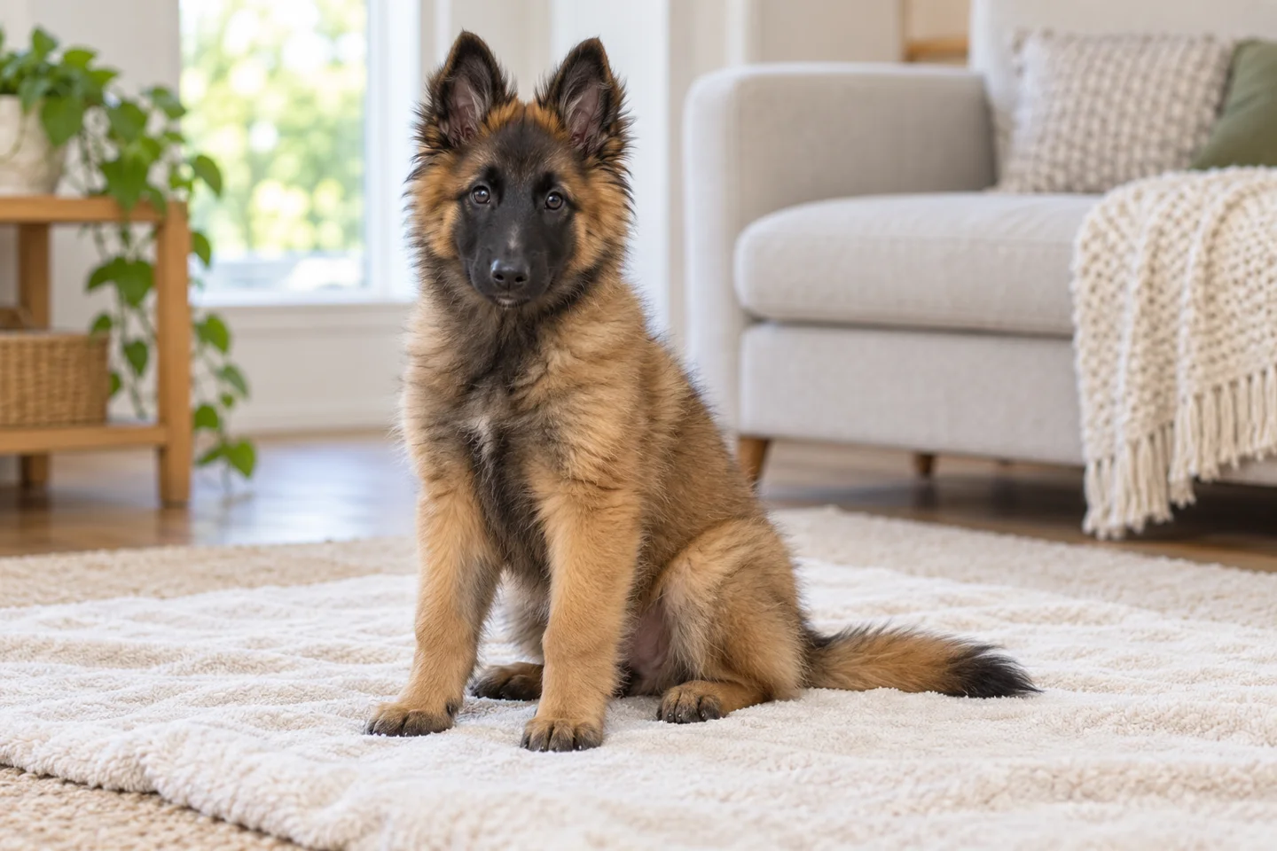 Belgian Tervuren puppy sitting on a pale blanket in a bright living room