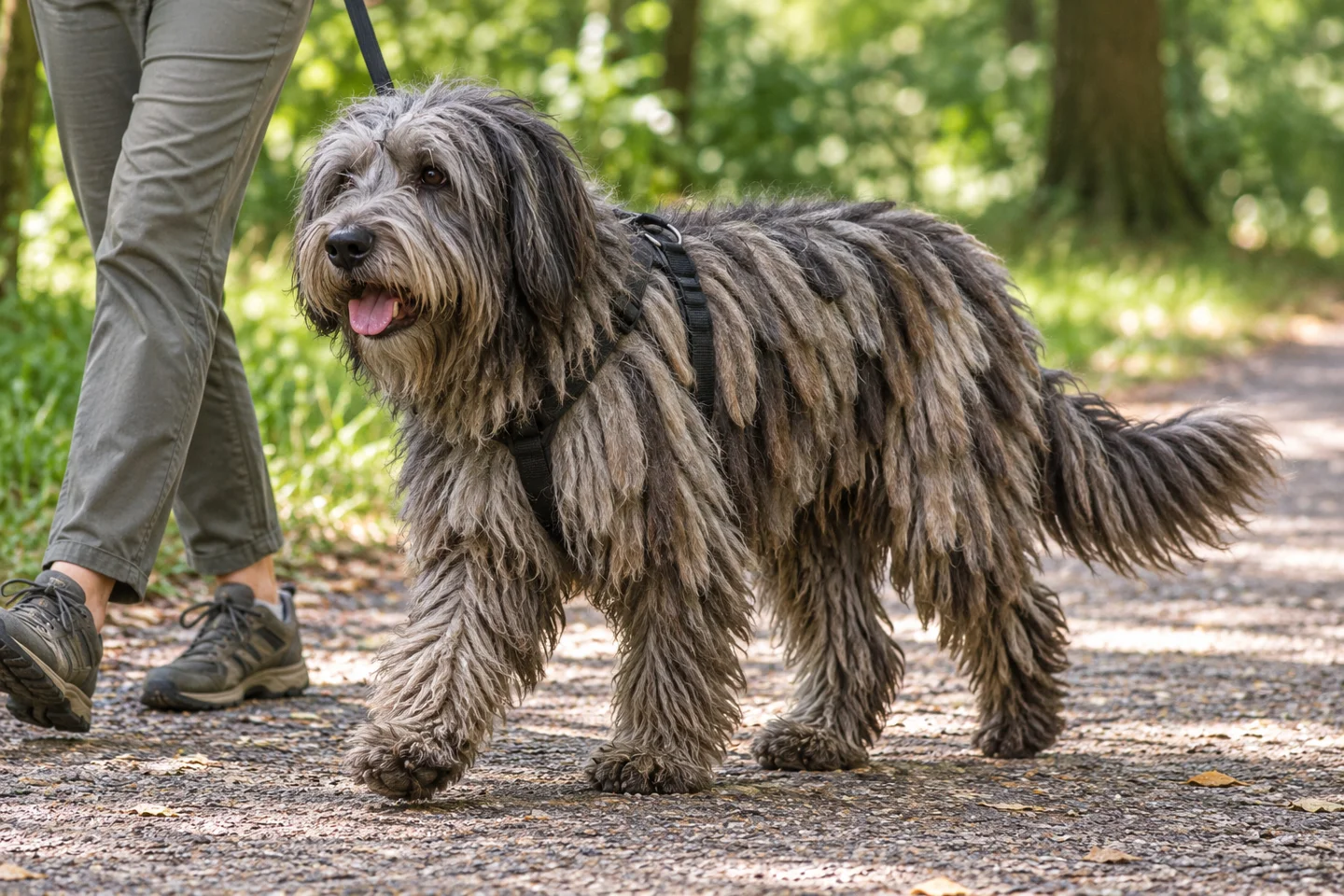 Gray Bergamasco Sheepdog with broad natural coat flocks, dropped ears, and long tail walking in a harness beside an adult on a shaded path