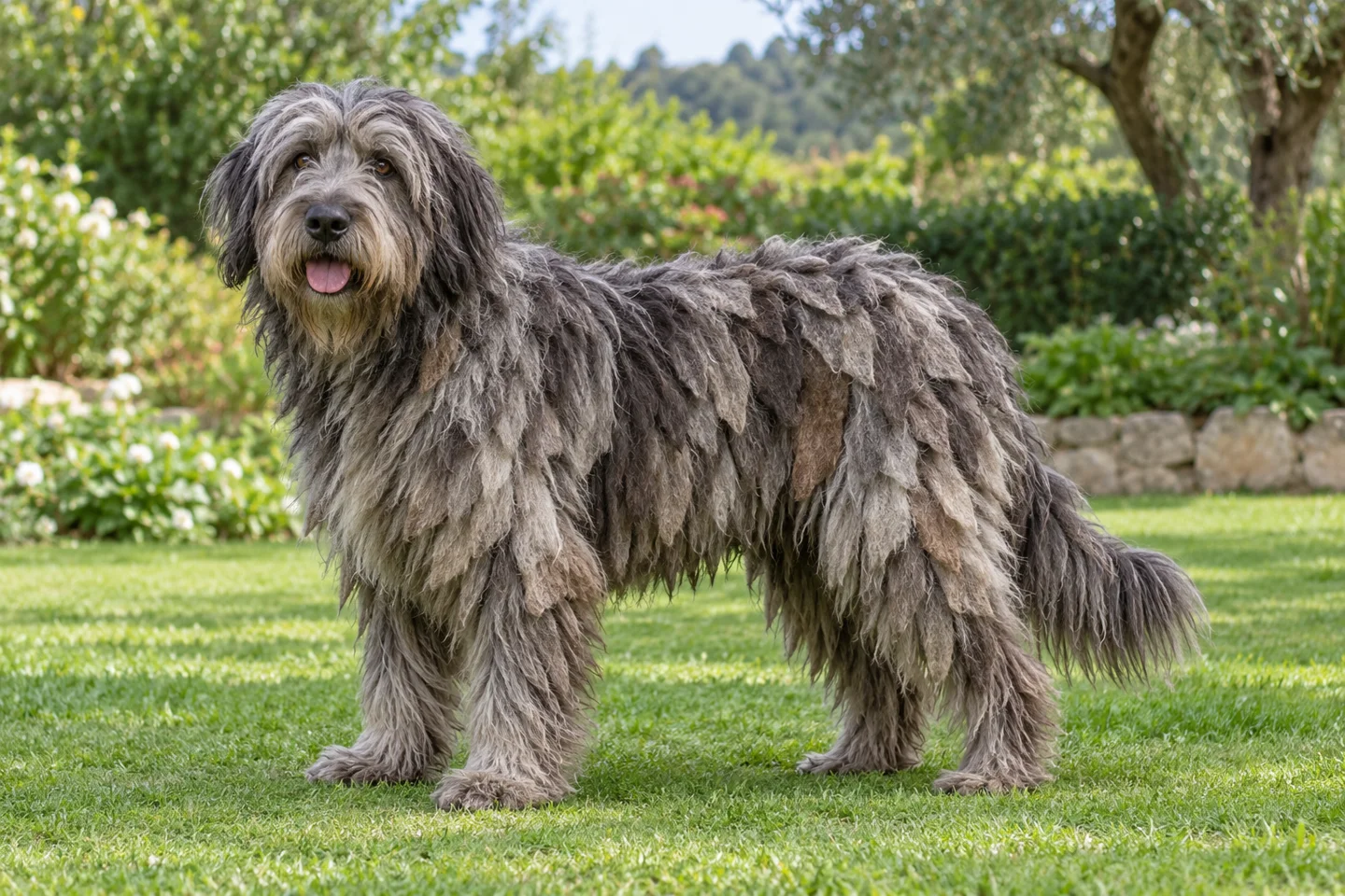 Gray Bergamasco Sheepdog with broad natural coat flocks, dropped ears, and long tail standing on grass