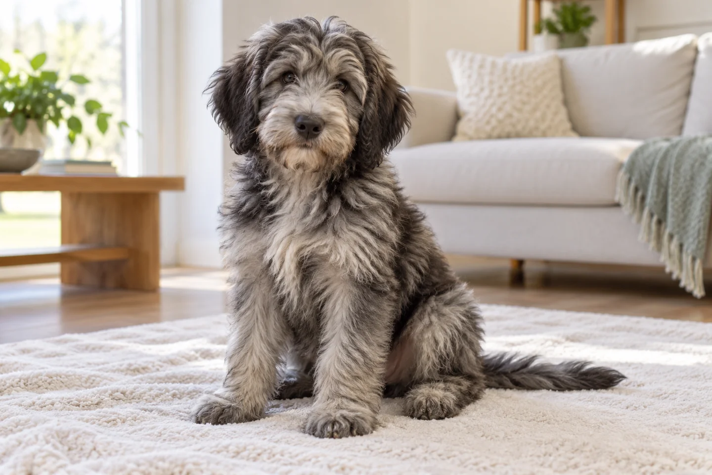 Soft-coated Bergamasco Sheepdog puppy before adult flock formation sitting on a pale blanket in a bright living room