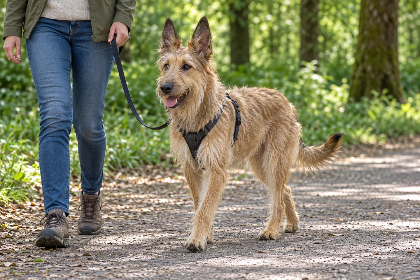 Rough fawn Berger Picard with large erect ears, lean long-legged outline, and natural tail walking in a harness beside an adult on a shaded path