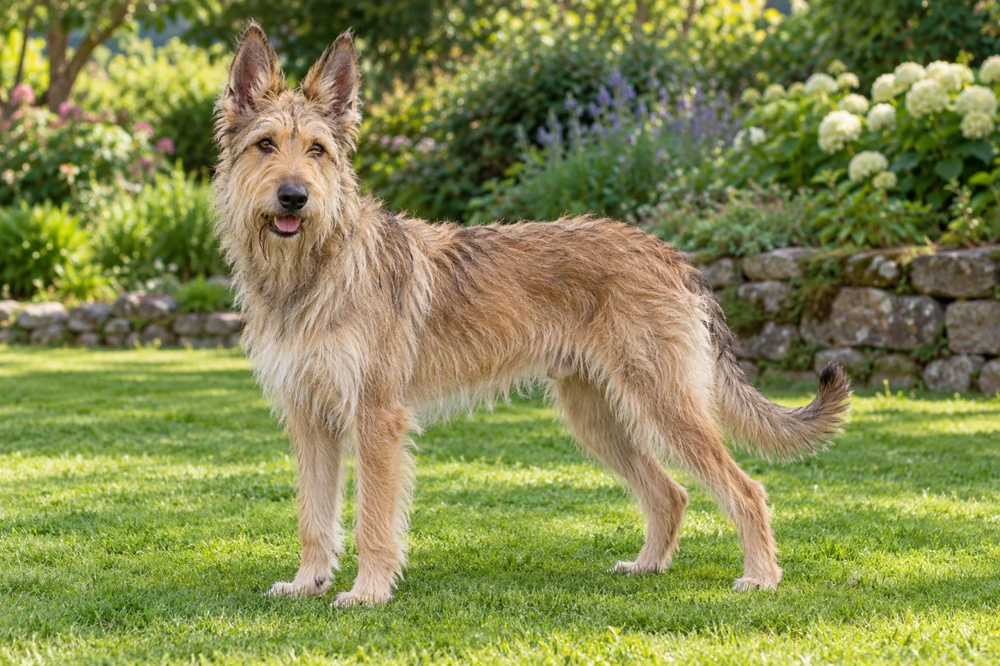 Rough fawn Berger Picard with large erect ears, lean long-legged outline, and natural tail standing on grass