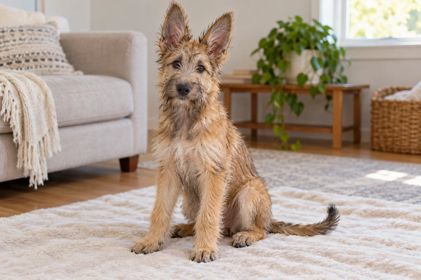 Berger Picard puppy sitting on a pale blanket in a bright living room
