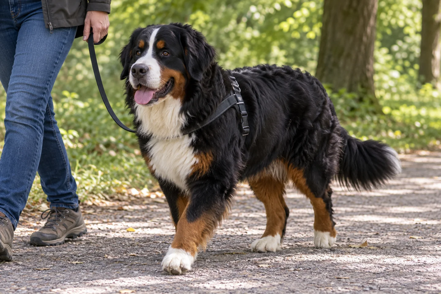 Large tricolor Bernese Mountain Dog with long black coat, rust points, white blaze and chest, and natural tail walking in a harness beside an adult on a shaded path
