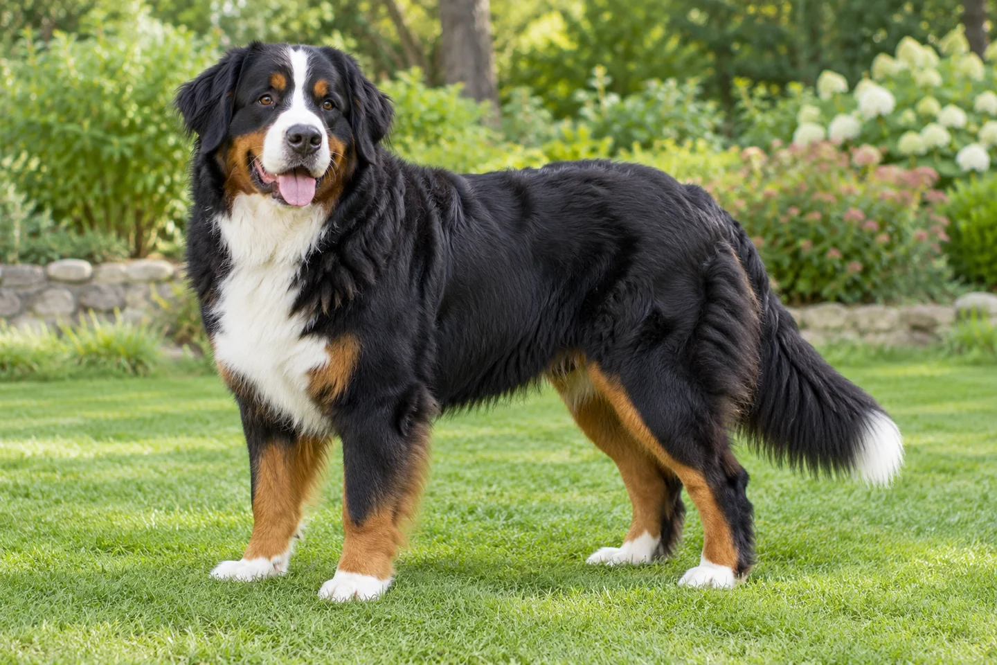 Large tricolor Bernese Mountain Dog with long black coat, rust points, white blaze and chest, and natural tail standing on grass