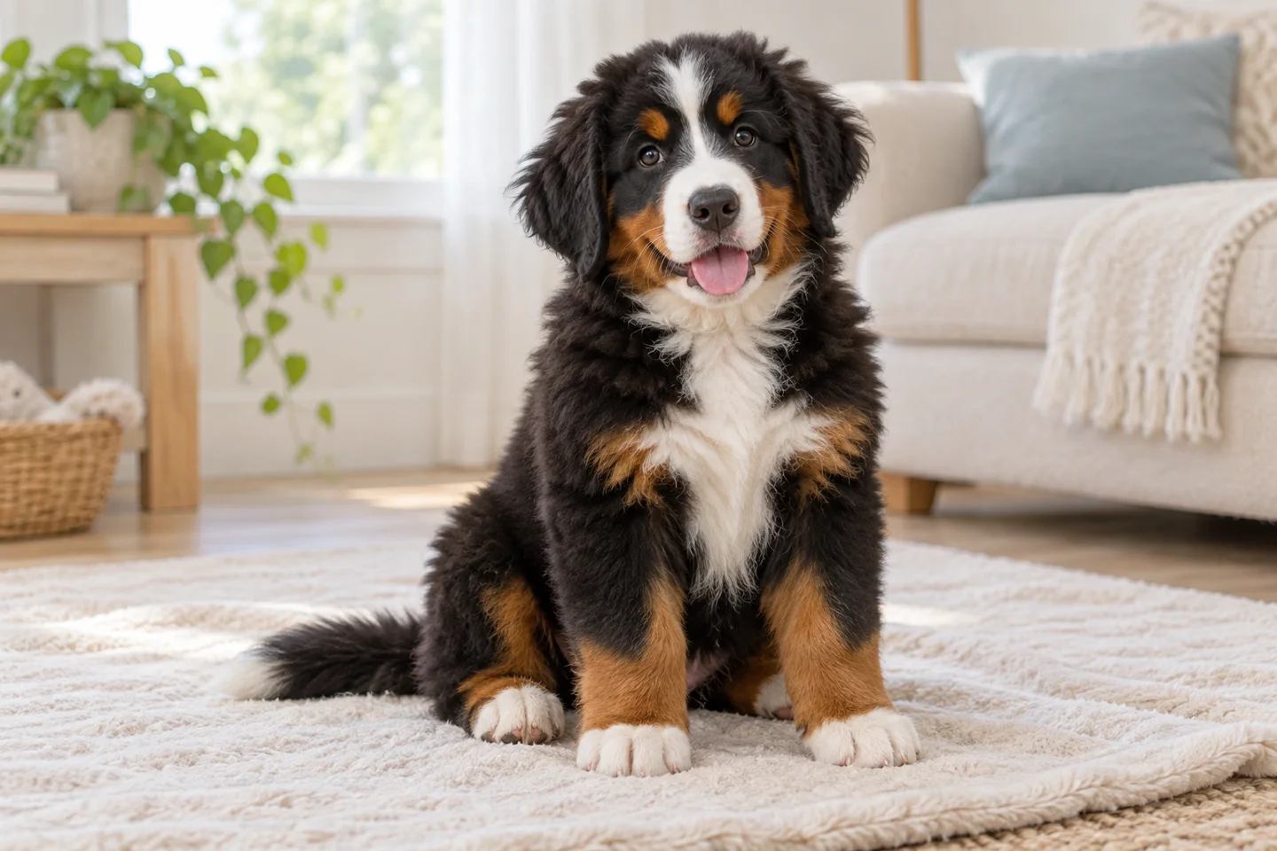 Bernese Mountain Dog puppy sitting on a pale blanket in a bright living room