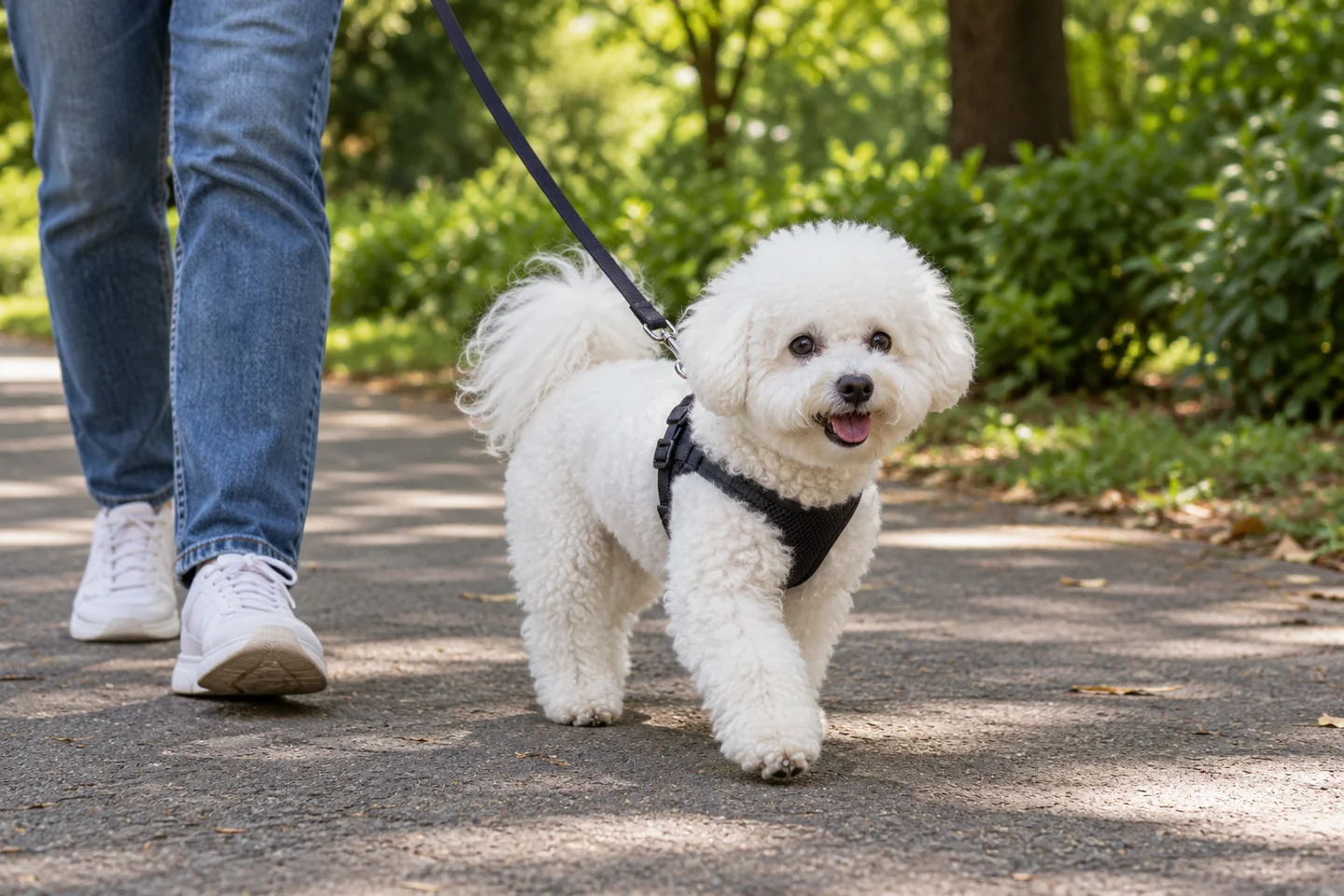 White curly-coated Bichon Frise with round head trim, dropped ears, and natural tail over the back walking in a harness beside an adult on a shaded path