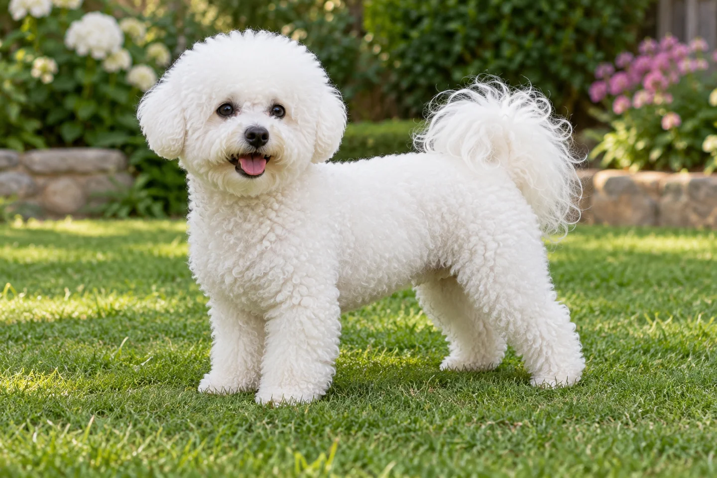 White curly-coated Bichon Frise with round head trim, dropped ears, and natural tail over the back standing on grass