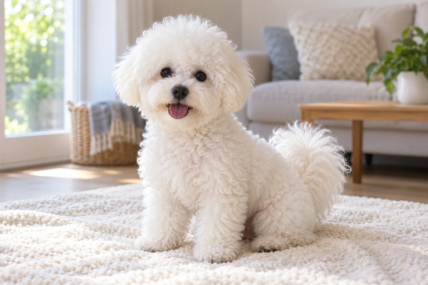 Bichon Frise puppy sitting on a pale blanket in a bright living room