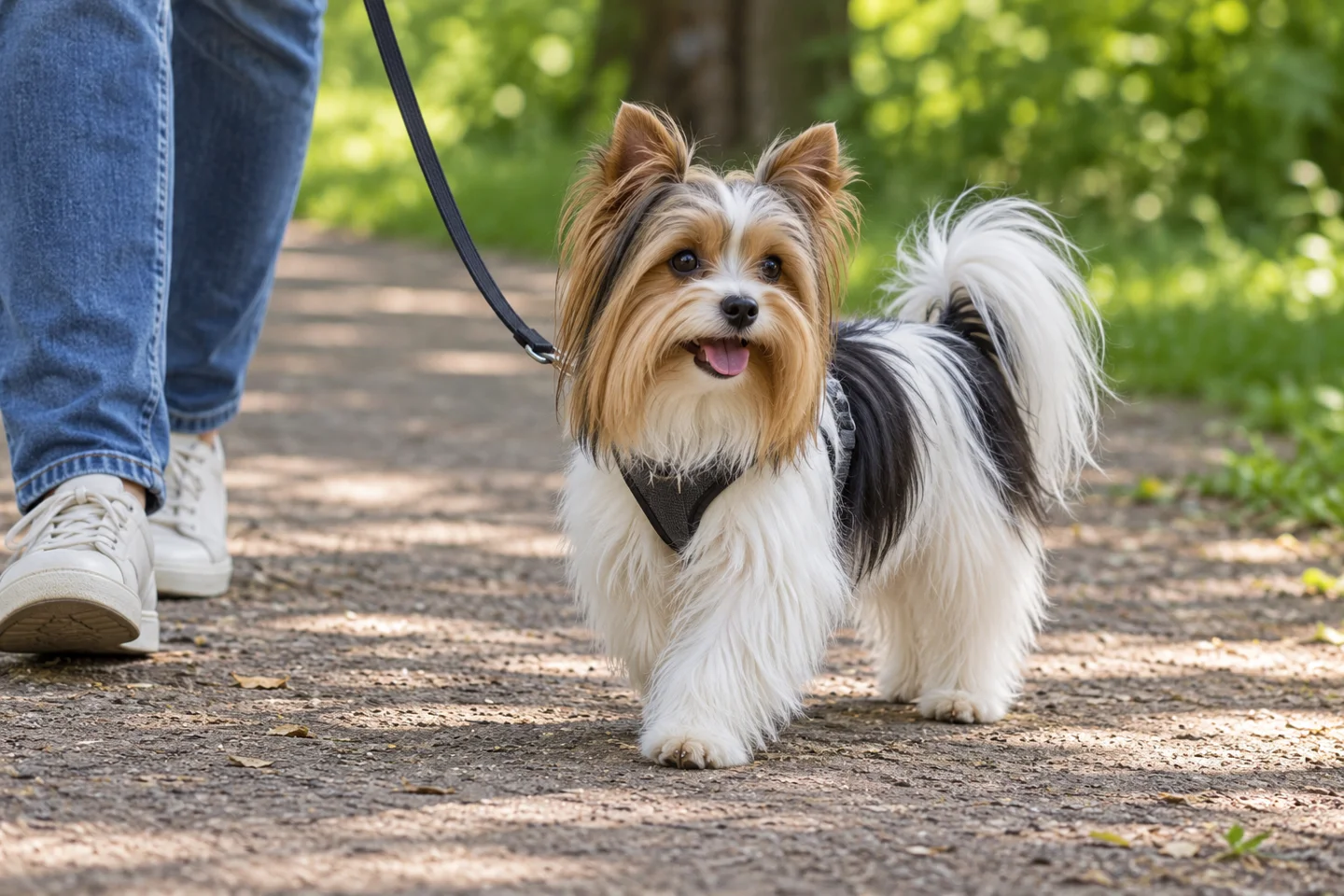 Silky-coated tricolor Biewer Terrier with white and black body, golden head points, erect ears, and natural plumed tail walking in a harness beside an adult on a shaded path