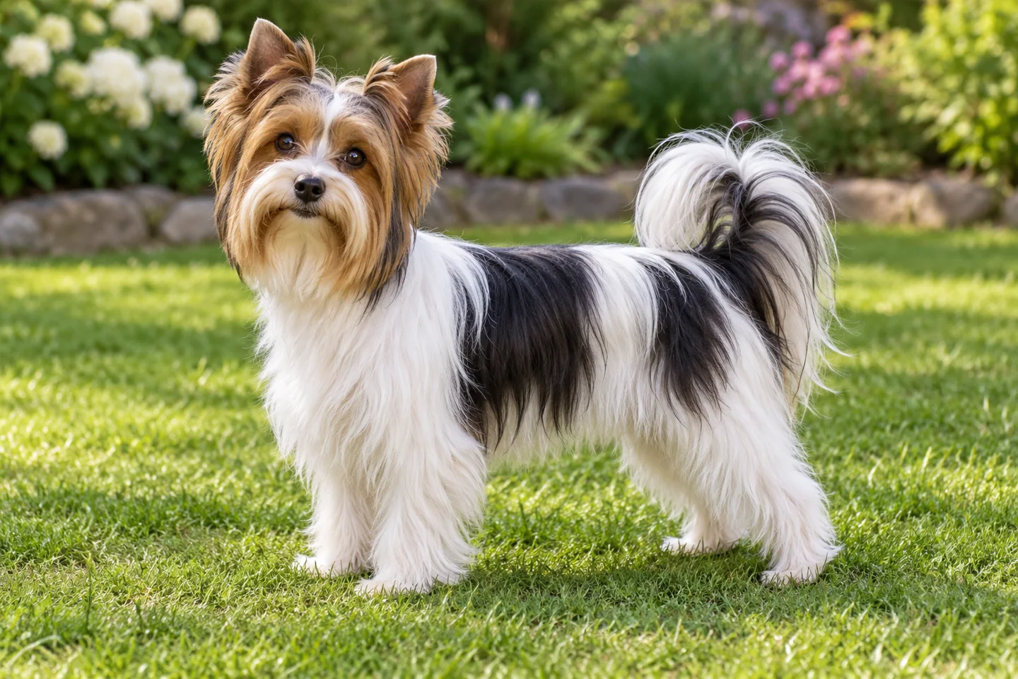 Silky-coated tricolor Biewer Terrier with white and black body, golden head points, erect ears, and natural plumed tail standing on grass