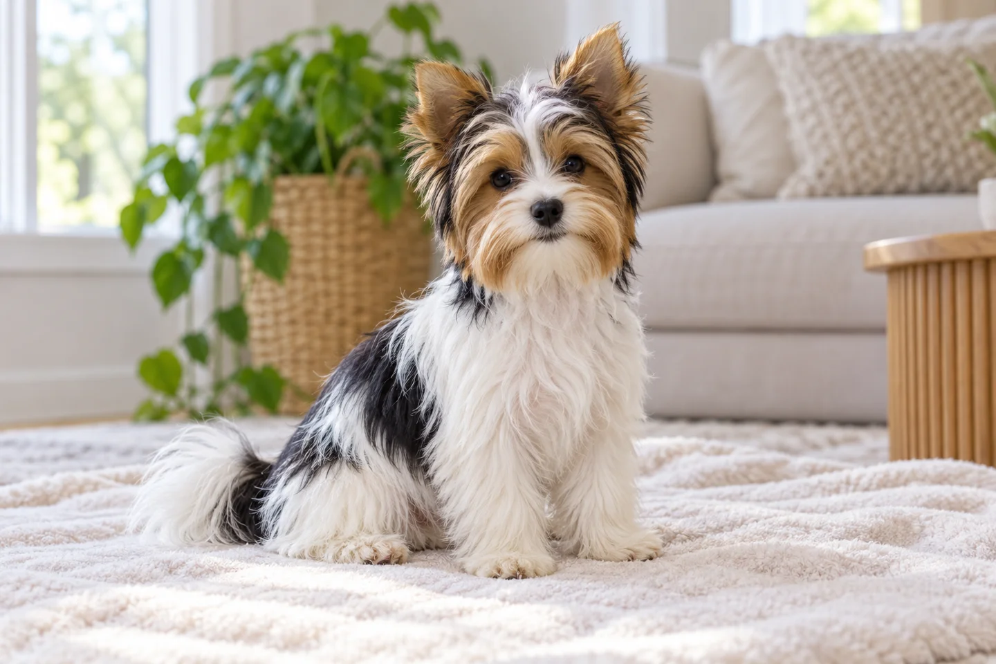 Biewer Terrier puppy sitting on a pale blanket in a bright living room