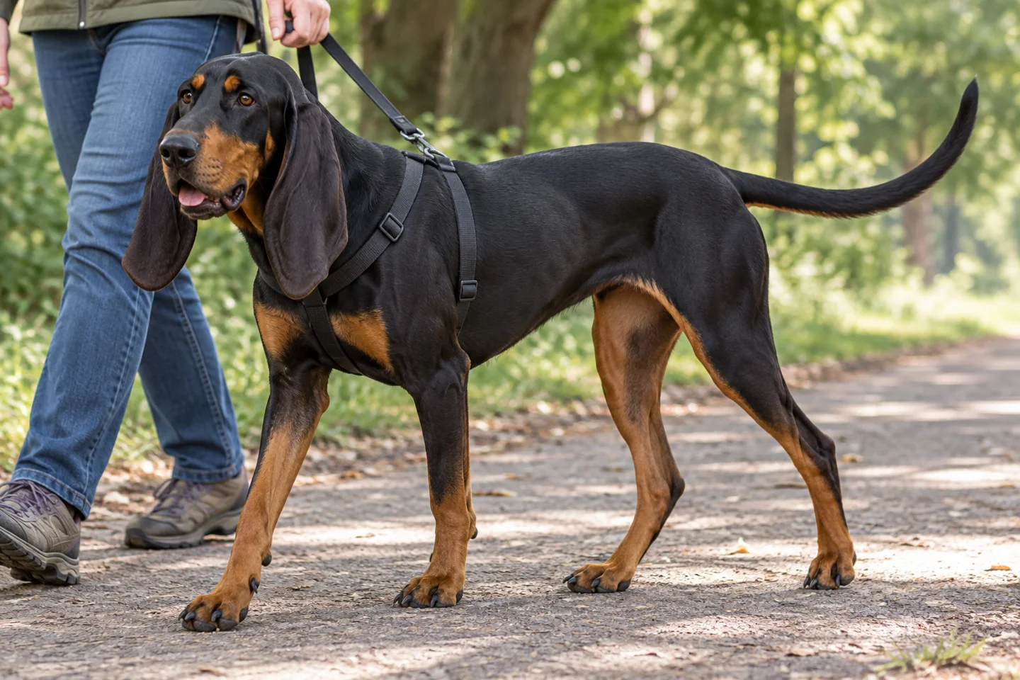 Long-legged Black and Tan Coonhound with rich tan points, very long dropped ears, and natural tail walking in a harness beside an adult on a shaded path