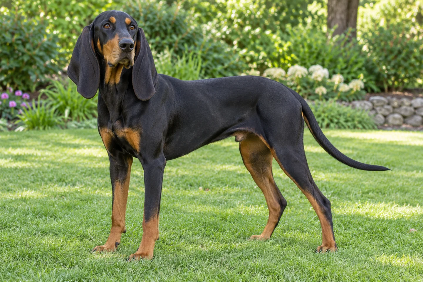 Long-legged Black and Tan Coonhound with rich tan points, very long dropped ears, and natural tail standing on grass