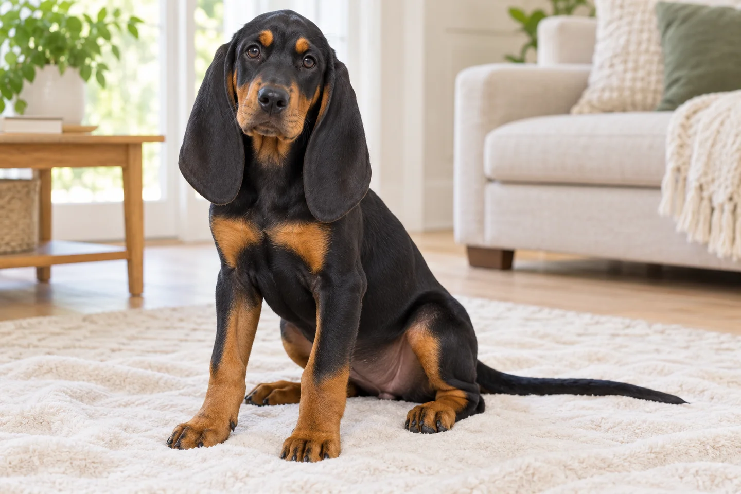 Black and Tan Coonhound puppy sitting on a pale blanket in a bright living room
