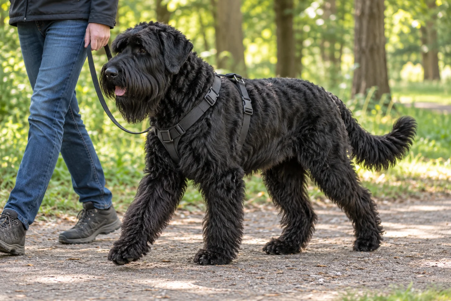 Black Russian Terrier adult walking in a harness with an adult on a quiet path