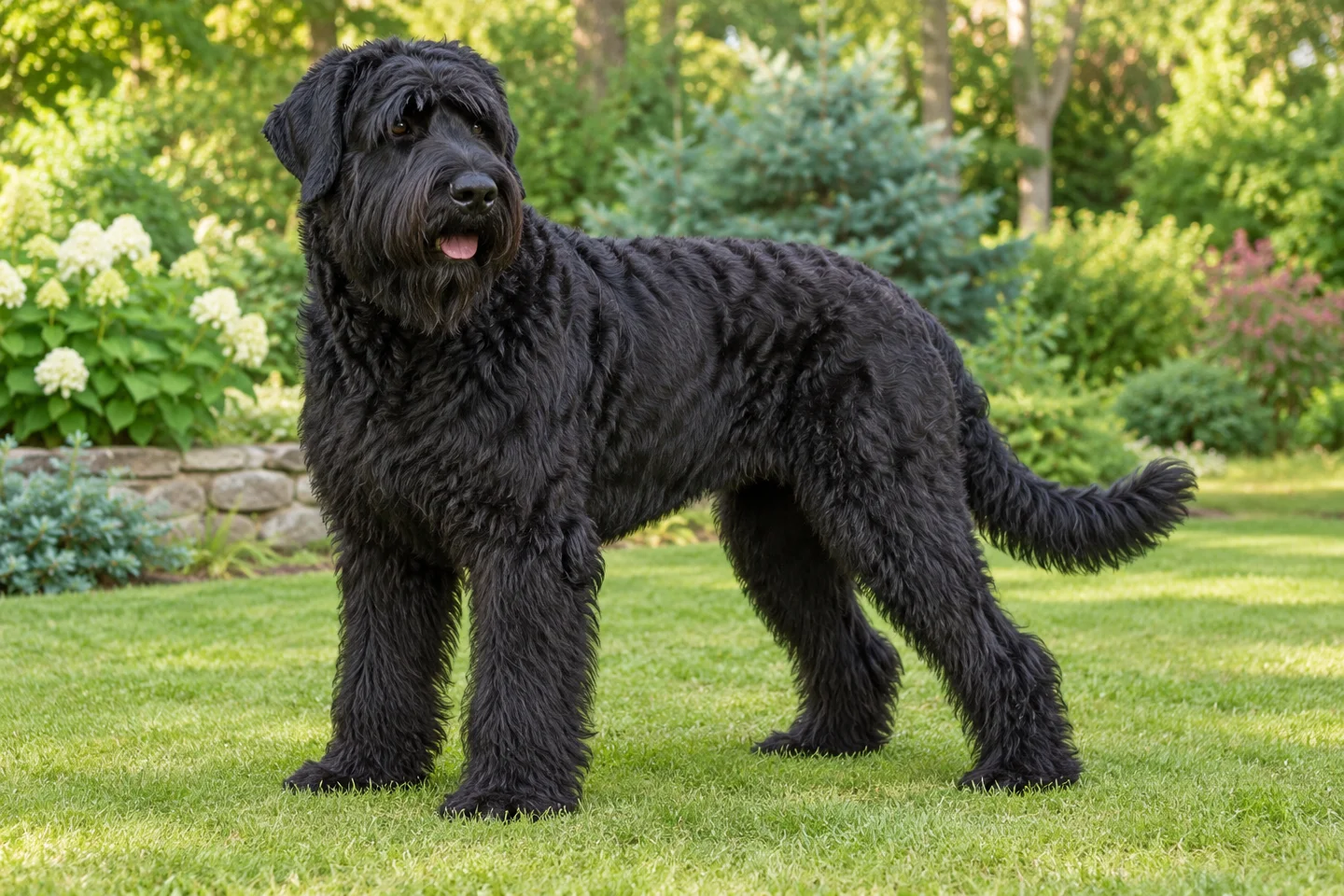 Black Russian Terrier adult standing on grass in natural light