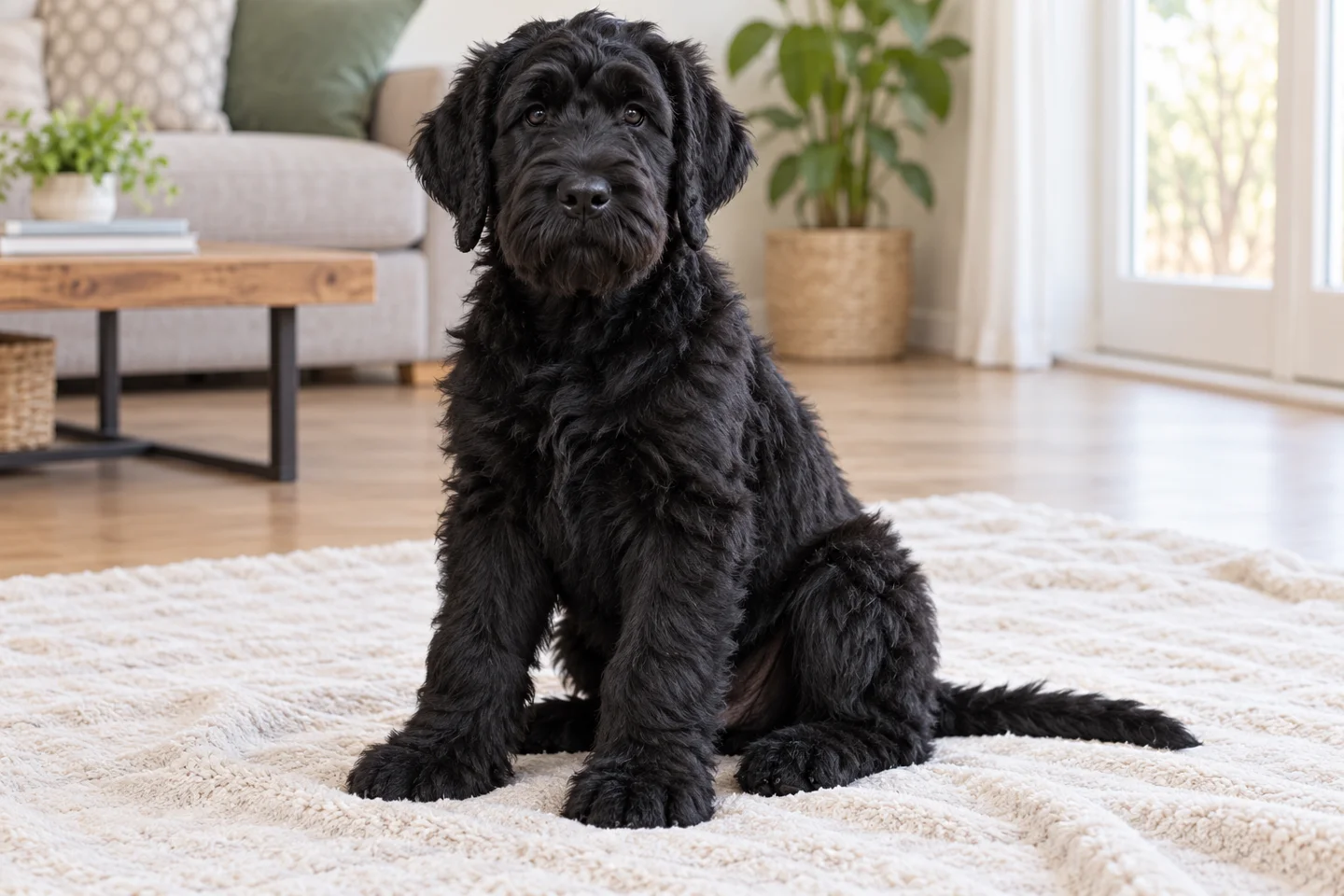 Black Russian Terrier puppy resting on a blanket in a bright home