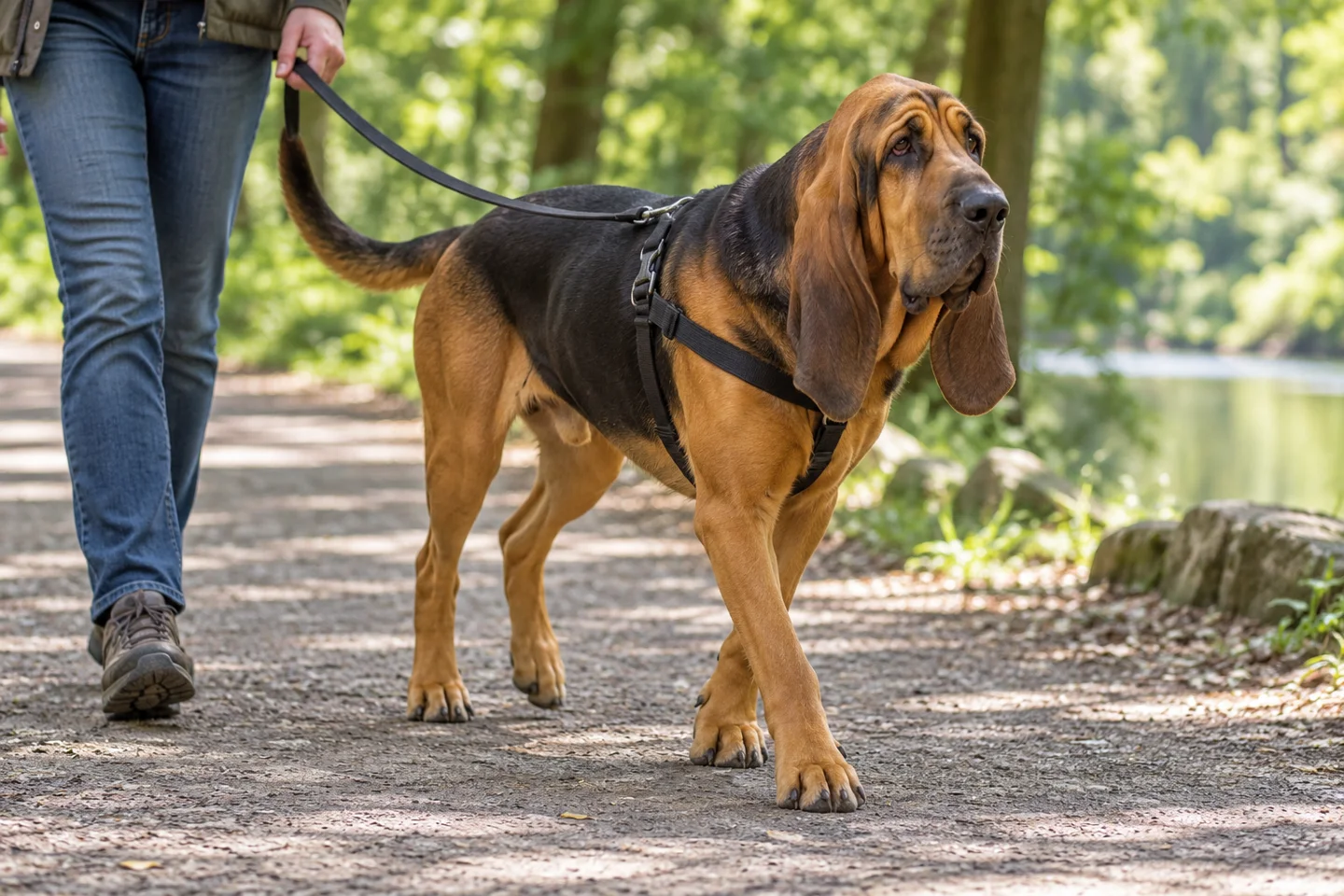 Bloodhound adult walking in a harness with an adult on a quiet path